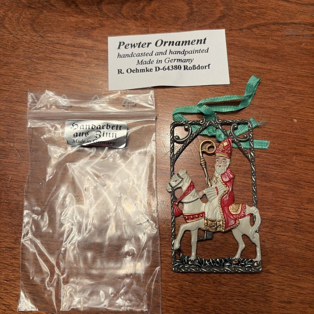 Vtg German Christmas Tree Ornament Flat Pewter Saint Nicholas on Horse